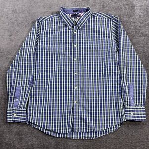 Tommy Hilfiger Shirt Mens Slim Fit Blue & Green Plaid Button Long Sleeve Size XL